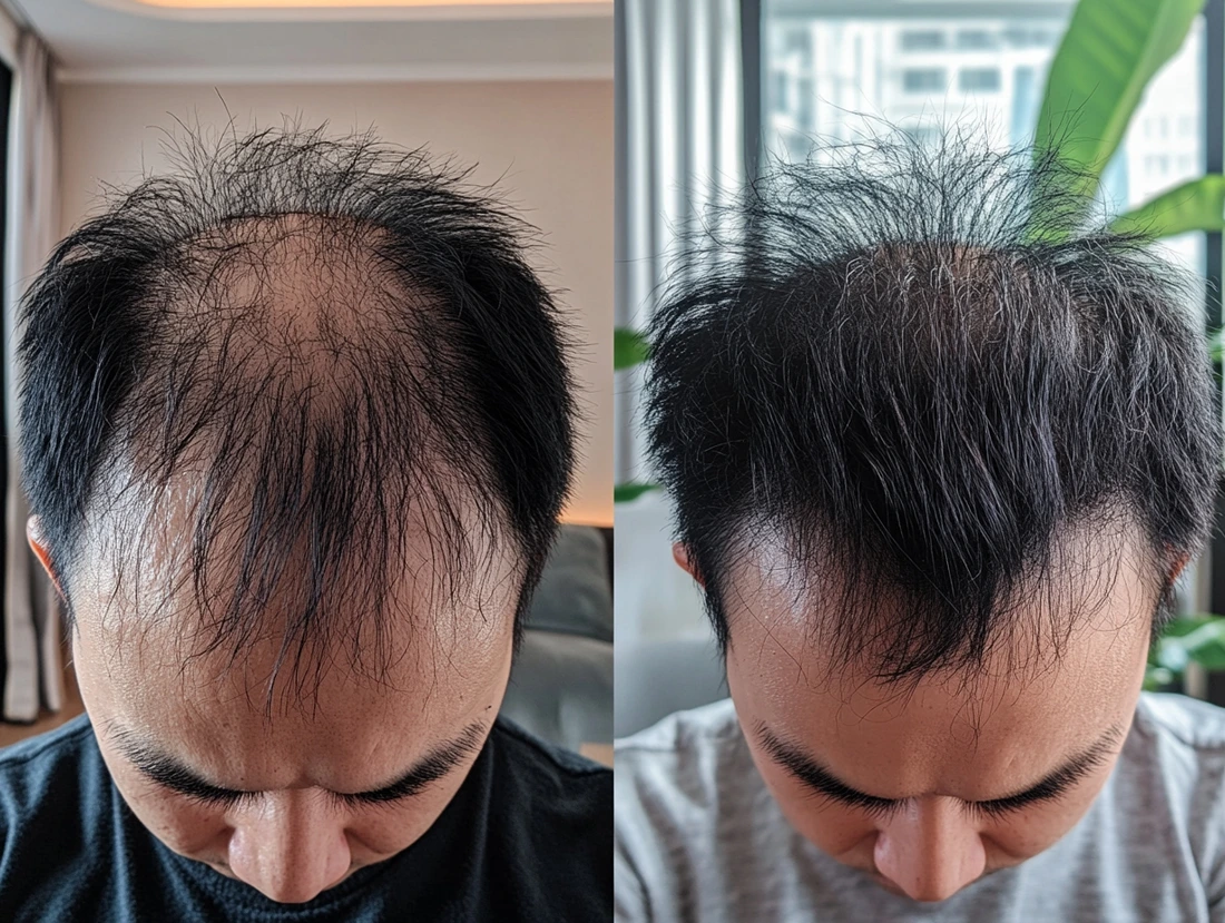 PRP & PRF Hair loss treatments 3 before after photo clinical hair treatment showing growth from balding dense hair 1