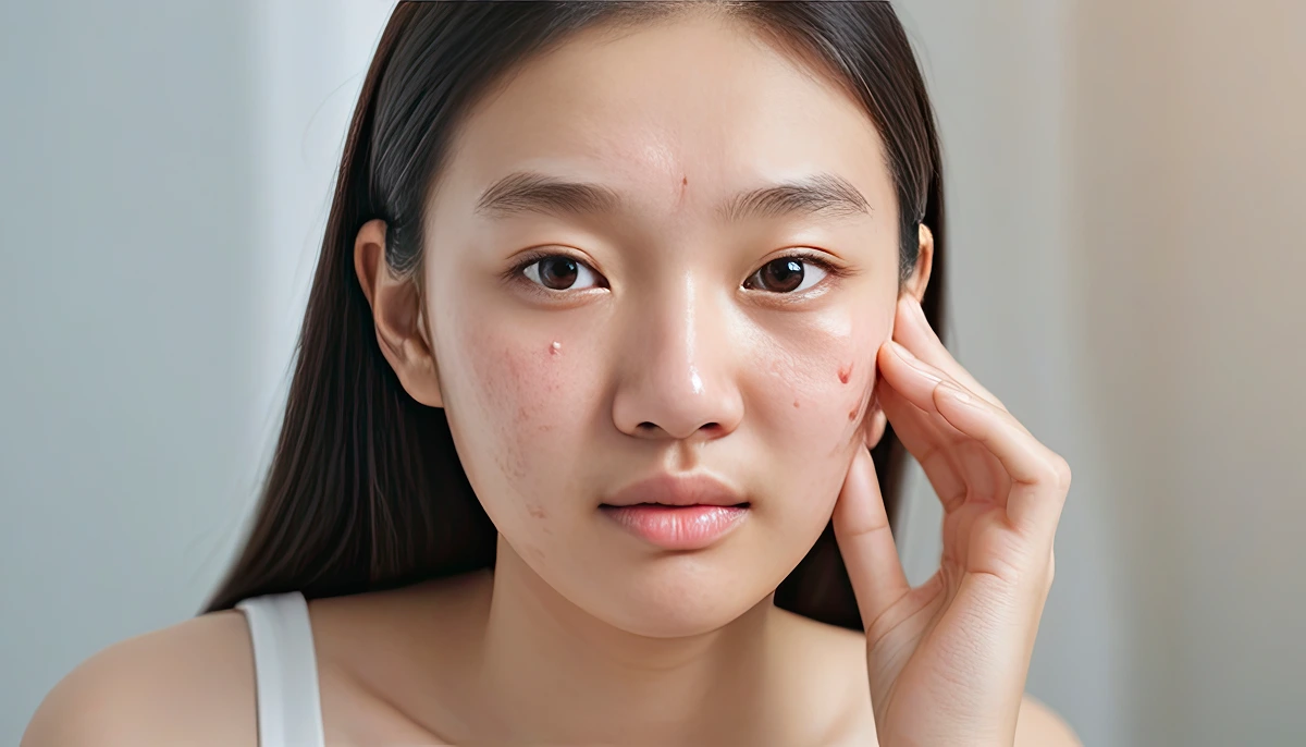 Acne and acne scars treatment with PRP/PRF 3 closeup portrait young woman with acne her face 1
