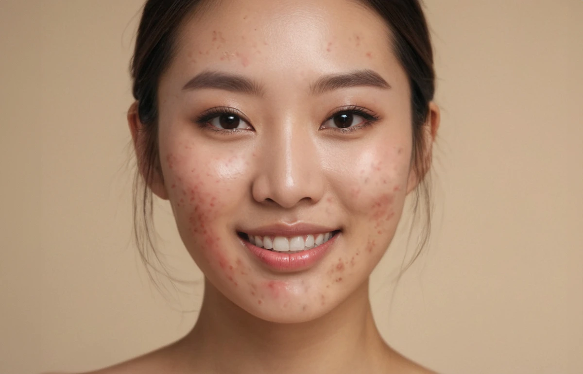 Acne and acne scars treatment with PRP/PRF 2 portrait asian woman with acne female model with problematic skin pimples red acne scars 1